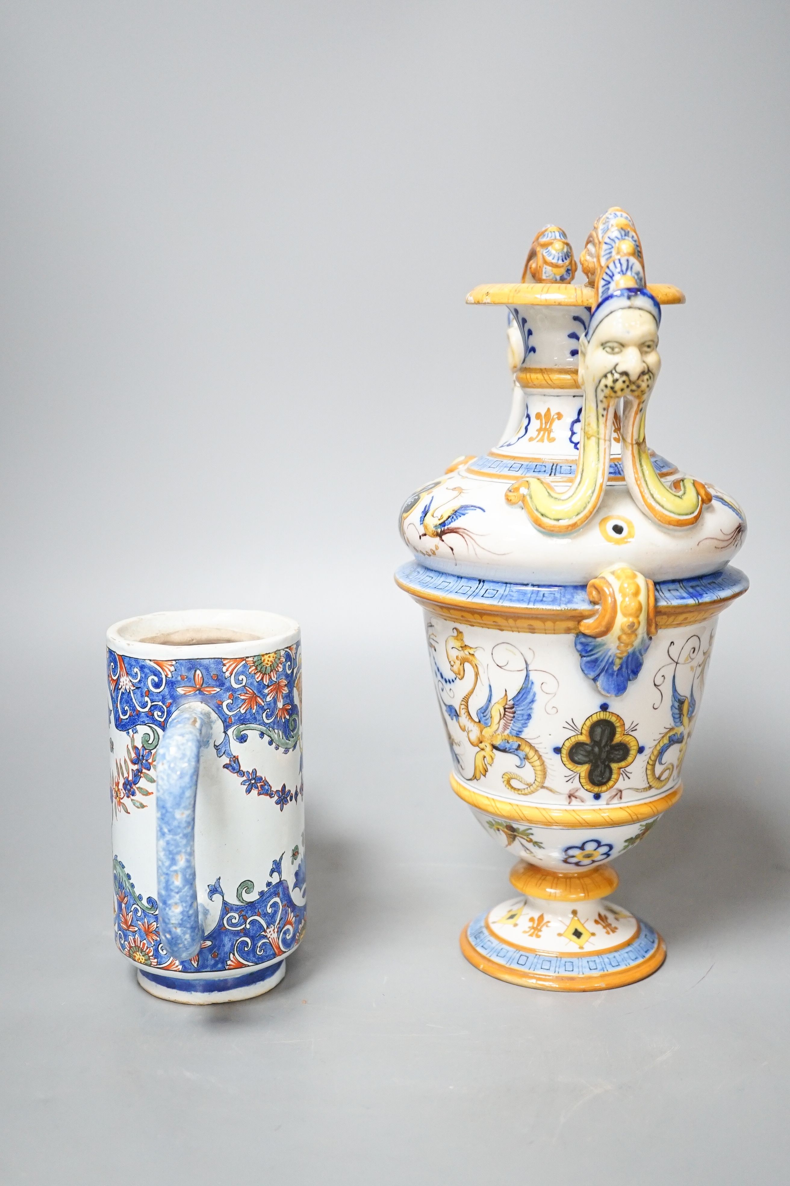 A Ginori maiolica two handled vase and Delft polychrome double cylinder teapot 27cm